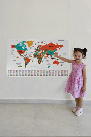 Türkçe Ülke Bayrak lı Eğitici Başkent Detaylı Atlası Dünya Haritası Duvar Sticker  3858- XL 130 x 85 cm